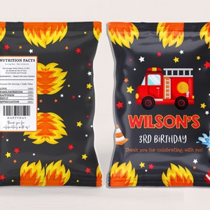 Firetruck Chip Bag Labels Boy 1st First Birthday Party Decor Fireman Firefighter Snack Treats Bag Fire Truck Fire Department Printable BT02K