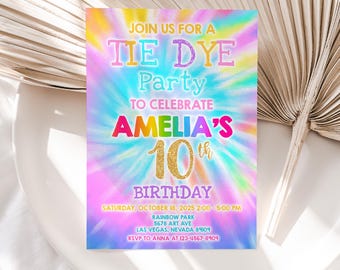 May include: Tie dye party invitation for Amelia's 10th birthday. The invitation features a colorful tie dye background with the text "Join us for a Tie Dye Party to Celebrate Amelia's 10th Birthday". The invitation also includes the date, time, and location of the party.