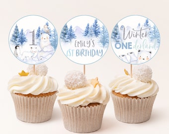Decorazioni per cupcake Winter Onerderland Wonderland per bambini e bambine, primo compleanno, decorazione per feste, centrotavola con animali artici e orso polare, stampabili, BT46B
