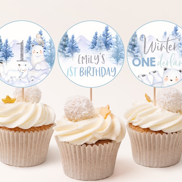 Hiver Onerderland Cupcake Toppers Pays des Merveilles Garçon Fille Premier 1er Anniversaire Party Decor Ours Polaire Animaux De L'Arctique Pièce maîtresse imprimable BT46B