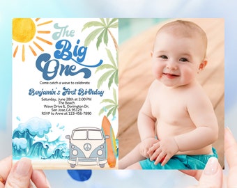 The Big One Surf Birthday Photo Invitation Boy Surfs Up 1st Invite Surfing Beach Party Retro Surf Van Ocean Wave Surfboard EDITABLE AT01B