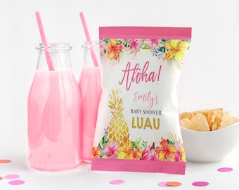 Aloha Baby Shower Chip Bag Label Hawaiian Tropical Luau Gender Neutral Decor Summer Party Snack Treats Bag Gold Pineapple Printable BS19P