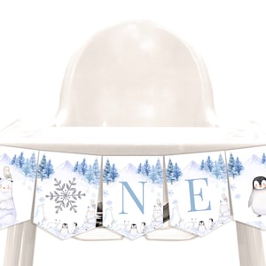 Banderín de trona de invierno de Onederland para niño y niña, decoración para fiesta de primer cumpleaños, banderines de animales árticos de oso polar, accesorio imprimible BT46B