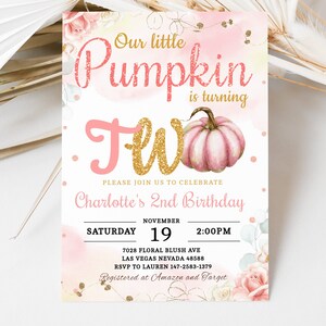 Pumpkin Birthday Invitation Girl 2nd Birthday Party Invite Our Little Pumpkin Patch Fall Autumn Pink Blush Watercolor EDITABLE Template BT22