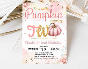 Pumpkin Birthday Invitation Girl 2nd Birthday Party Invite Our Little Pumpkin Patch Fall Autumn Pink Blush Watercolor EDITABLE Template BT22