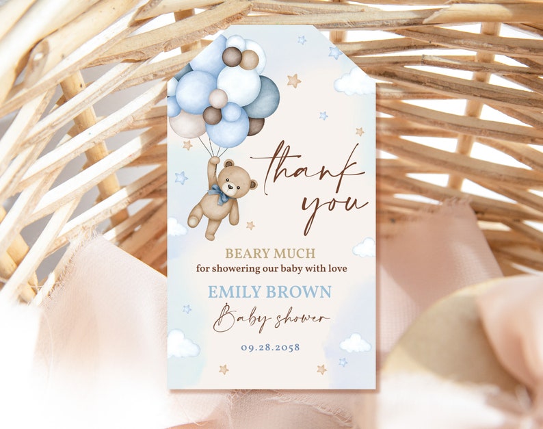 Teddy Bear Favor Tags Boy Baby Shower Gift Tags Blue Pampas Grass ...