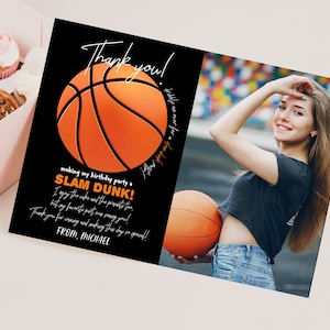 Basketbal foto bedankkaart jongen meisje verjaardagsfeestje sportteam All Star Athletic bedankje It's Game Time afdrukbare sjabloon BT13K