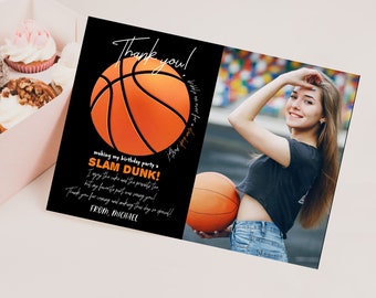 Basketball Birthday Thank You Card Sports Thank you Notes Kids Photo Card Athletic Boy Girl All Star Player Party EDITABLE Template BT13