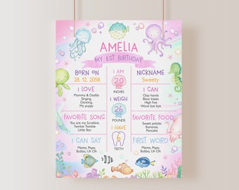 Under the Sea Birthday Milestone Board Sign Ocean Animals Poster Girl 1st Birthday Party Decor Underwater Sea Life Animals EDITABLE AT07P