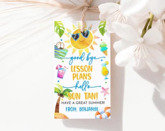 Plans de leçon d'adieu, étiquette cadeau bronzage bonjour, étiquettes de cadeau de fin d'année scolaire, étiquette de remerciement aux enseignants, fête d'été sur la plage, imprimable SU03B