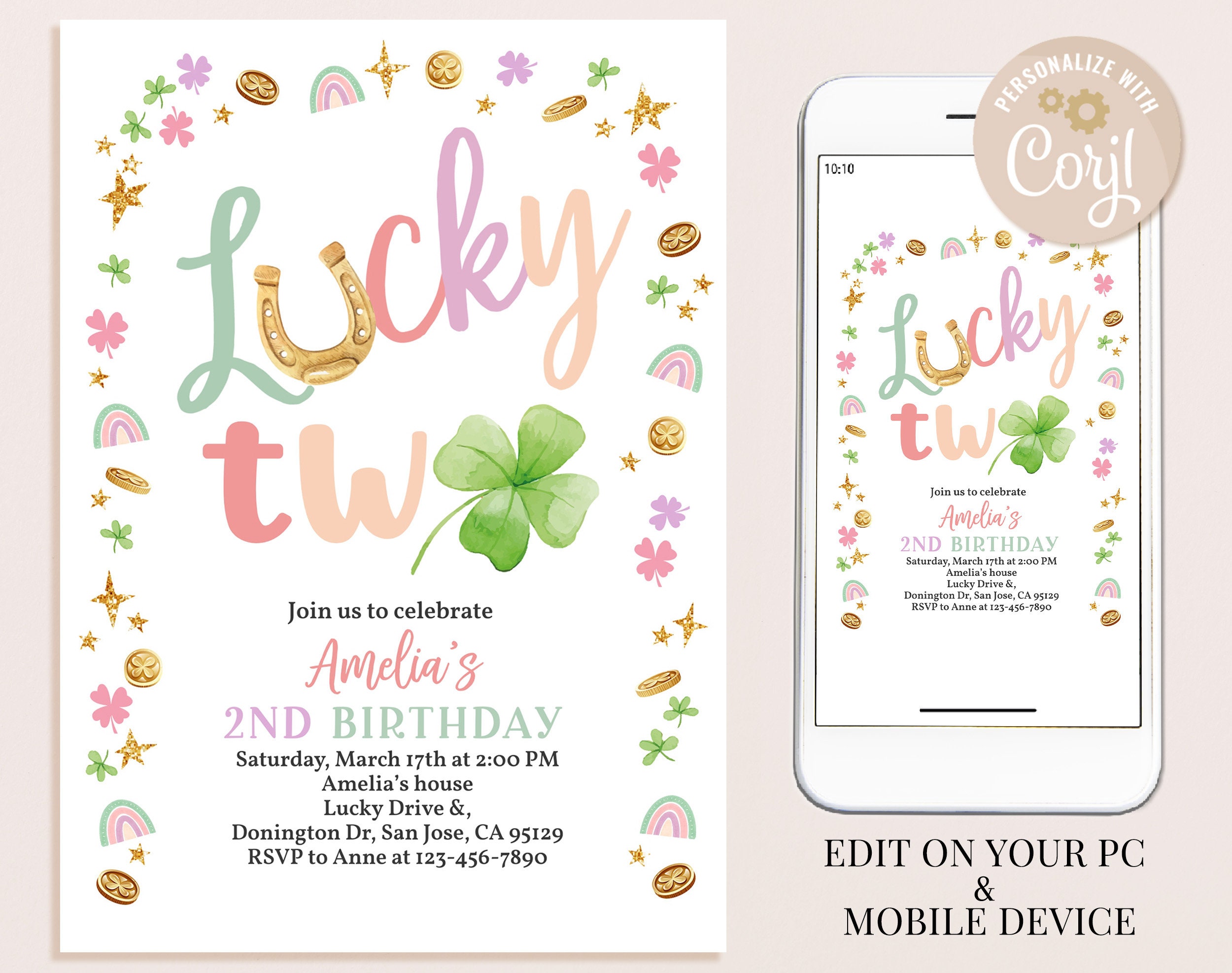 Invitación de cumpleaños del Día de San Patricio, segunda invitación para  dos chicas de la suerte, trébol arcoíris, trébol verde rosa, San Patricio  irlandés, editable BT95P - Etsy México, image size:2500x1975