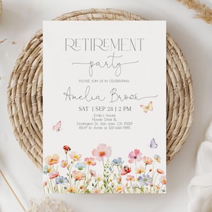 Invito per festa di pensionamento con fiori di campo, fiori primaverili, farfalle, invito per festa in giardino floreale, rosa, viola, estate, donne in pensione, MODIFICABILE RQ01P