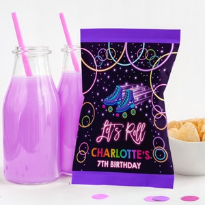 Roller Skating Chip Bag Label Lets Roll Retro Roller Skate Girl Birthday Decor Neon Glow Disco Dance Party Snack Treats Bag Printable BT39V