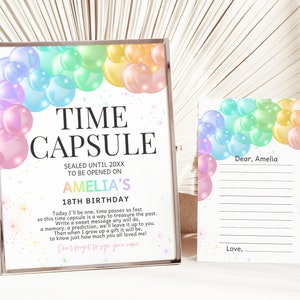 Pastel Rainbow Birthday Time Capsule Sign Boy Girl 1st First Birthday Party Decor Pastel Rainbow Balloon Arch Guestbook EDITABLE AT22P