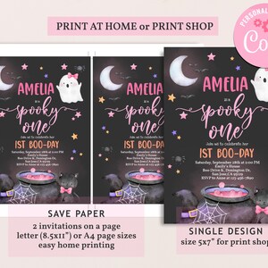 May include: A printable invitation for a first birthday party with a spooky theme. The invitation features a black background with a ghost, a cauldron, a black cat, and stars. The text on the invitation reads "Amelia is a spooky one" and "1st Boo-Day".
