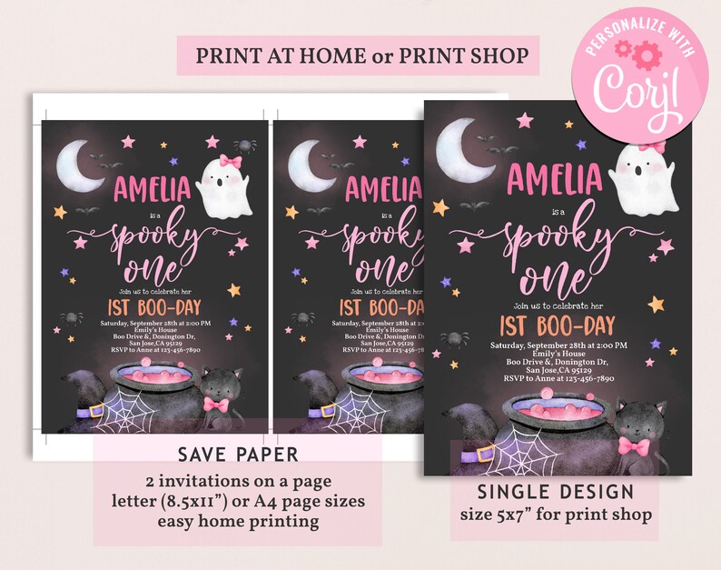 May include: A printable invitation for a first birthday party with a spooky theme. The invitation features a black background with a ghost, a cauldron, a black cat, and stars. The text on the invitation reads "Amelia is a spooky one" and "1st Boo-Day".