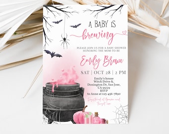 May include: A pink and black baby shower invitation with a cauldron, a pumpkin, and a spider web. The text reads "A Baby Is Brewing" and "Emily Brown".