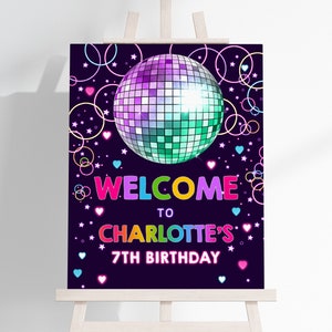 ダンスパーティー 誕生日 ウェルカムサイン ティーンガールズ 誕生日デコレーション ネオングロー レインボー ディスコボール ポスター レトロミュージック 90年代 80年代 ポーチ 編集可能 BT74V