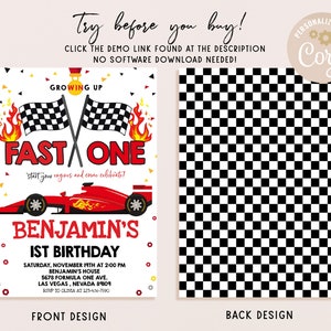 May include: A printable birthday invitation for a boy's first birthday party. The invitation features a red race car with chequered flags and flames. The text on the invitation says "Growing Up Fast One" and "Benjamin's 1st Birthday". The back of the invitation is a black and white chequered pattern.