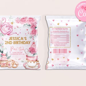 May include: Pink and gold party favor bags with a teacup and teapot design. The bags have a personalized message that says "Jessica's 2nd Birthday Par-tea" and "Thank you for celebrating with me!"