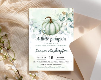 May include: A baby shower invitation with a watercolor illustration of a green pumpkin and eucalyptus leaves. The text reads "A little pumpkin is on the way!" and includes the date, time, and location of the event.