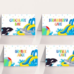 Carpas con tobogán de agua para comida, decoración para fiesta de primer cumpleaños de niño, tobogán de agua azul, etiquetas de comida para fiesta en la piscina de verano, tarjetas de lugar para fiesta de salpicaduras, imprimibles BT77B