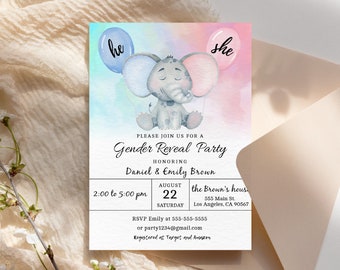 Le sexe de l'éléphant révèle une invitation pour une fête de naissance, une invitation pour une fête de naissance, un garçon, une fille, des roses et des bleus en téléchargement immédiat. Modèle MODIFIABLE à télécharger
