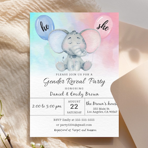 Elephant Gender Reveal Invitation Etsy