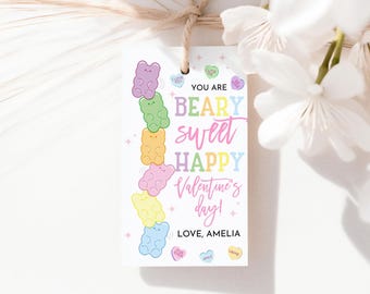 Gummy Bear Valentine Tag You Are Beary Sweet Happy Valentines Day Gift Tags Kids School Teacher Classroom Class Treat Tags Printable HL67P