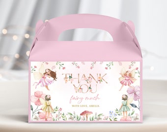 May include: Pink favor box with a thank you message and fairy illustrations. The text reads "Thank You fairy much with love, Amelia".