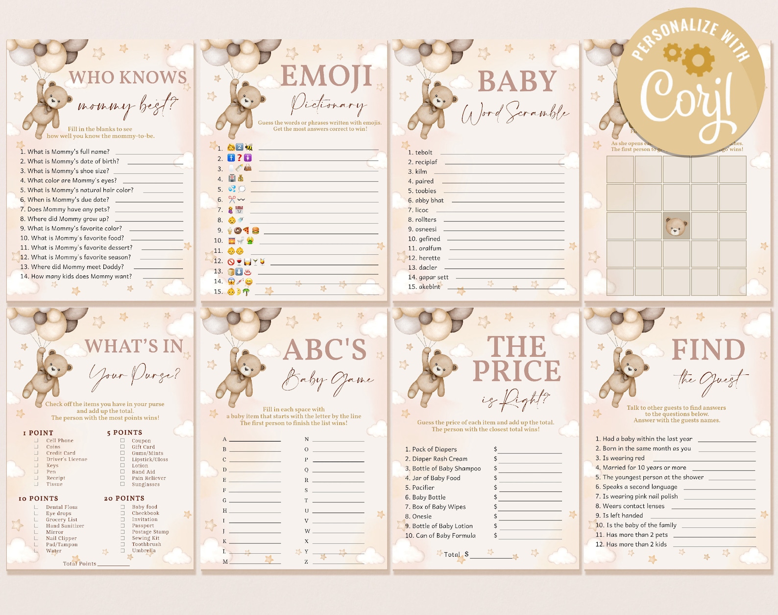 Teddy Bear Baby Shower Game Bundle Printable Boho Party Games Set ...