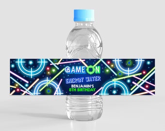Laser Tag Water Bottle Label Boy Gamer Birthday Party Decor Neon Glow Blue Rainbow Arcade Game Kids Lazer Tag Drink Label Printable BT63B
