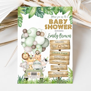Invitación de baby shower de safari con animales salvajes de safari, género neutro, jungla, zoológico, bebé, salpicado de vegetación tropical dorada, editable BS47G