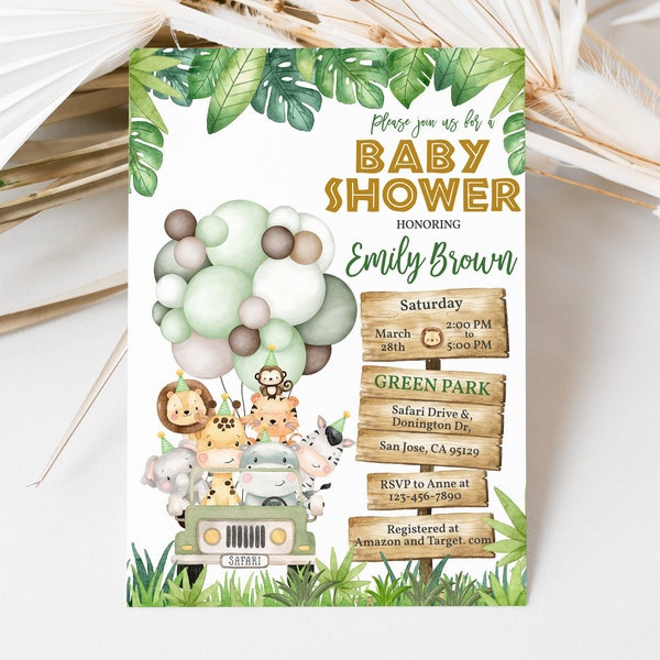 Safari Baby Shower Invitation Gold Wild One Jungle Gender Neutral Party Invite Boy Baby Shower Zoo Animals Baby Sprinkle EDITABLE BS47G