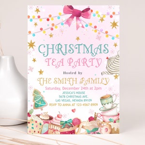 Christmas Tea Party Invitation Happy Winter Holiday Party Invite Cookies and Cocoa Pink Christmas Boy Girl Birthday Printable Template HL22