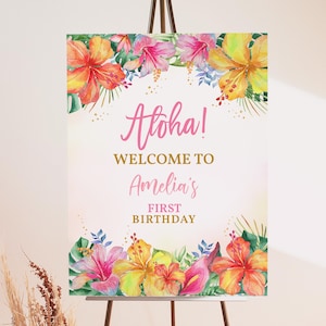 Luau Birthday Welcome Sign Tropical Birthday Poster Aloha Summer Party Decor Hawaiian Tiki Pink Floral Hibiscus Porch Sign EDITABLE AT02P