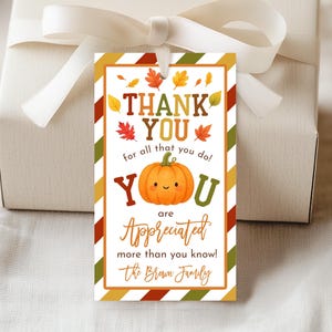 Peut inclure: Une étiquette cadeau rectangulaire avec un fond blanc et une bordure colorée. L'étiquette dit "THANK YOU" avec une illustration de citrouille souriante. Le texte "for all that you do!" et "You are appreciated more than you know!" sont également inclus. L'étiquette est attachée à une boîte cadeau blanche avec un ruban blanc.