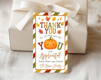 Fall Pumpkin Thank You Tags, You are Appreciated More Than You Know Favor Tag, Thanksgiving Autumn Leaves, School Teacher Printable HL47O