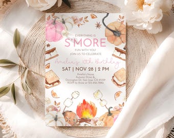 S'more Birthday Invitation, Pink Pumpkin Invite, Bonfire Party, Campfire, Autumn Fall, 5x7, EDITABLE AT38P