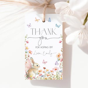 Hase Geburtstag Geschenkanhänger Hase Baby Shower Favor Tag Wildblumen Schmetterling Frühling Blumen rosa lila Blumen Party Printable AS35P AT89P