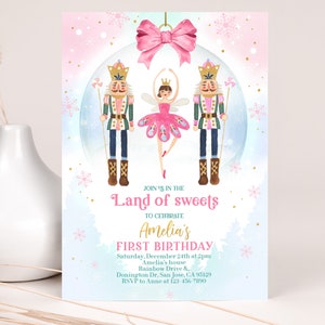 Land of Sweets Birthday Invitation, Sugar Plum Fairy Princess Invite, Christmas Nutcracker Ballet Party, Pink Ballerina EDITABLE BT89P