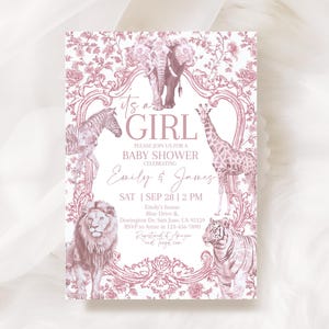 Toile de Jouy Baby Shower Invitation Dusty Pink Safari Animal Girl Baby Shower Invite Elegant Floral Garden Party Chinoiserie EDITABLE AS58P
