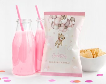 Teddy Bear Chip Bag Label Beary First 1st Birthday Treats Bag Boy Party Favors Tan Cute Pink Pampas Grass Balloons Wrapper Printable BT81P