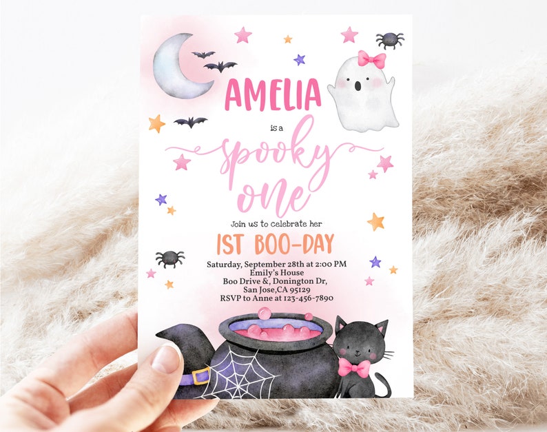 Halloween Birthday Invitation, Spooky One Invite, Cute Pink Ghost, 1st First Boo Day, Spooktacular Party, EDITABLE BT87WP image 5