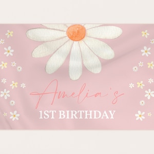 Banner di sfondo per compleanno con margherite, decorazione per festa del primo compleanno, stile anni '70, retrò, groovy, boho, floreale, margherite, fiori selvatici, cabina fotografica MODIFICABILE BT84P