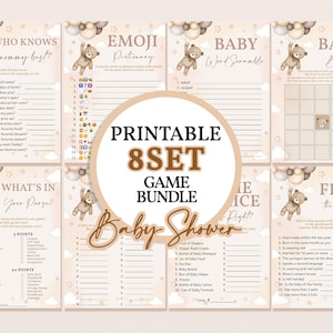 Teddy Bear Baby Shower Game Bundle Printable Boho Party Games Set Gender Neutral Beige Hot Air Balloon Pack Digital EDITABLE Template BS21E