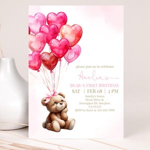 Teddybär-Geburtstags-Einladung Valentinstag Mädchen Rosa Ballon Herzen Beary Erste 1.Geburtstagsfeier einladen Aquarell Bogen EDITABLE AT57P