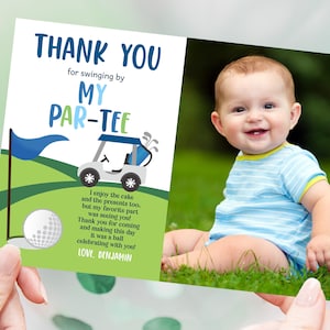 Cartão de agradecimento com foto de golfe Hole In One, nota de agradecimento de aniversário, decoração para festa de 1º aniversário de menino que joga golfe, esportes, Lets Par-Tee, para impressão BT24B