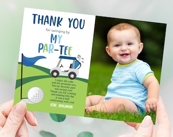 Golf Photo Thank You Card Hole In One Birthday Thank You Note Kids Golfing Boy 1st Birthday Party Decor Sports Lets Par-Tee Printable BT24B