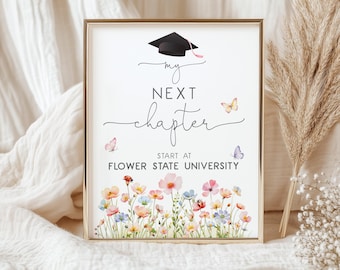 May include: A framed print with the words "my NEXT chapter" and a graduation cap illustration. The bottom of the print features a watercolor floral design with butterflies. The text "START AT FLOWER STATE UNIVERSITY" is also included.